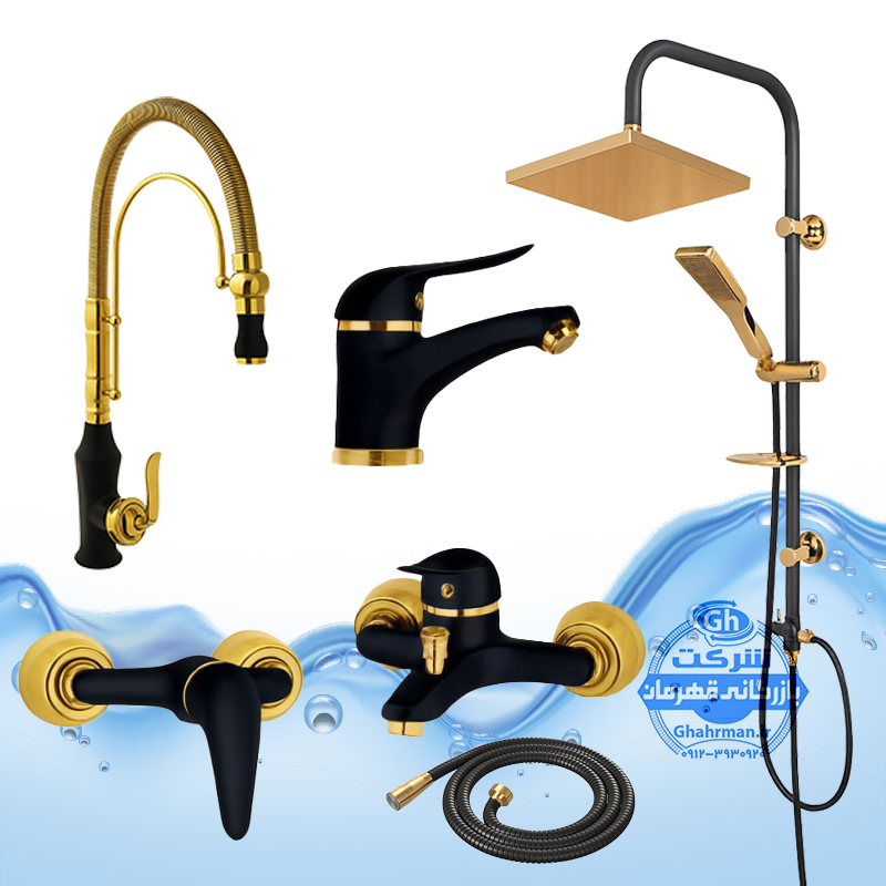 ست ۶ عددی شیرآلات برند آیدا صنعت مدل دنیز | مشکی طلایی | علم دوش رسوب‌گیر | ظرفشویی بامبو فنری