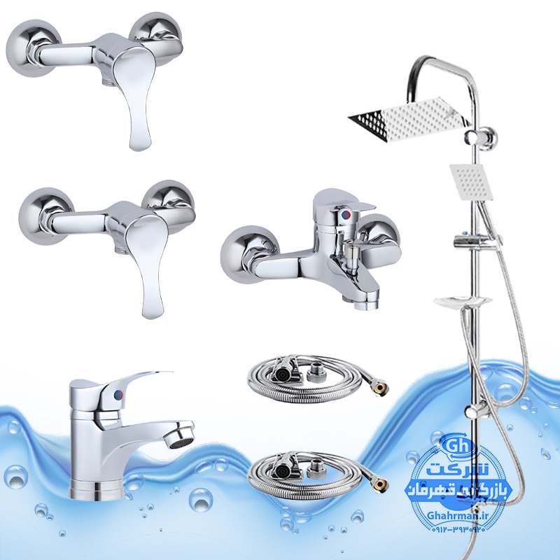 ست ۷ عددی شیرآلات برند آیدا صنعت مدل لاله |  روشویی + حمام + 2عدد توالت + علم دوش یونیورست صفحه استیل + ۲ عدد شلنگ توالت | کروم براق ( استیل براق )