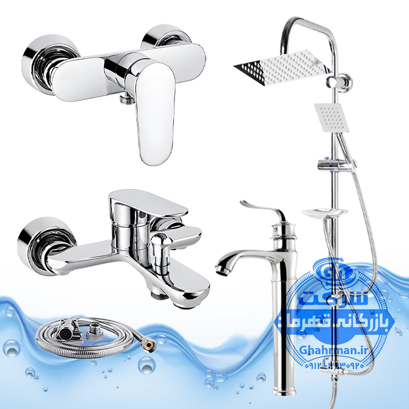 ست ۵ عددی شیرآلات برند آیدا صنعت مدل ونتو | روشویی پایه‌بلند + ظرفشویی + حمام + توالت با شلنگ + علم دوش صفحه استیل | کروم براق ( استیل براق )